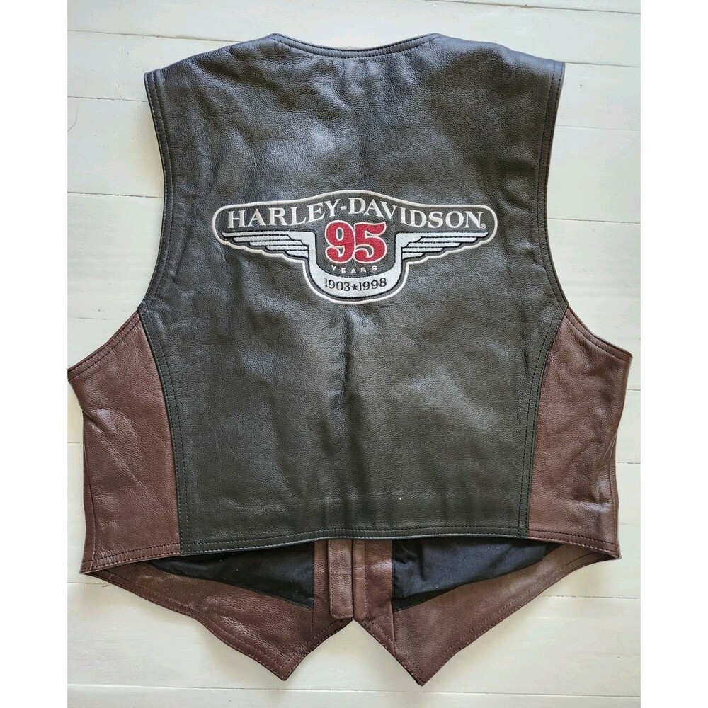 Harley-Davidson 95th Anniversary Women's XL Black Leather Biker Vest Vintage